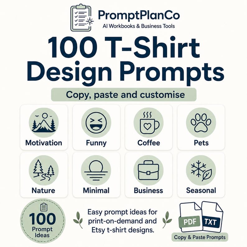100 t-shirt design prompts for Etsy sellers and print-on-demand creators, including motivational, funny, coffee, pet lover, minimal and seasonal shirt ideas.