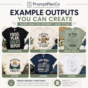 Example t-shirt outputs image showing motivational, funny, positive mental health, nature, hobbies and minimal shirt design ideas created from AI prompts.