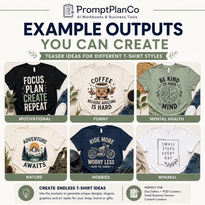 Example t-shirt outputs image showing motivational, funny, positive mental health, nature, hobbies and minimal shirt design ideas created from AI prompts.