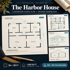 2D Floor Plan DXF CAD File, 2 Bedroom House Plan 36x30 ft, Editable Dimensioned Plan + PDF Set, Instant Download