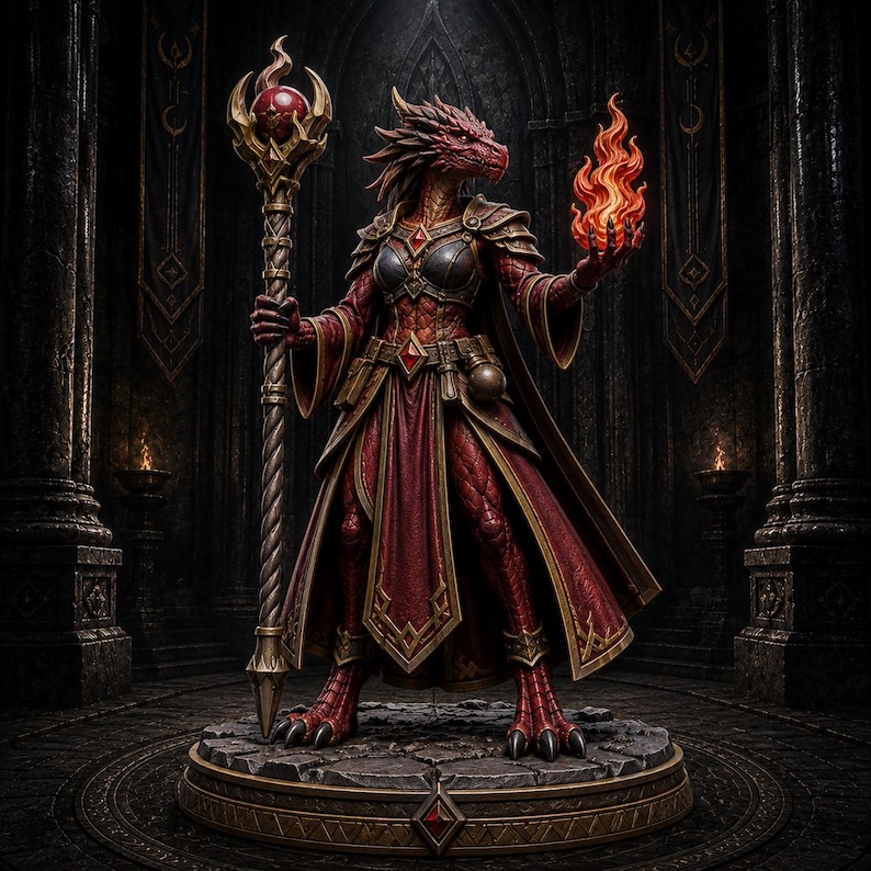 May include: A red dragon-like humanoid figurine standing on a circular stone base. The figure wears dark red and gold armor, a long robe, and holds a tall staff topped with a red orb. A flickering flame is held in the figure's left hand.
