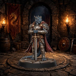 May include: A blue dragon-like humanoid figurine standing on a circular stone base, wearing detailed metallic plate armour and a dark red cape. The figure holds a long sword with both hands, resting the tip on the ground between its feet.