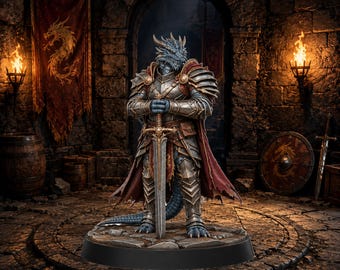 May include: A blue-scaled dragonborn warrior figurine standing on a circular stone base, wearing detailed metallic plate armor and a tattered red cape. The figure holds a longsword with both hands, resting the tip on the ground between its feet.