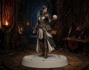 May include: A detailed miniature figurine of a warrior character standing on a circular base. The figure wears brown leather armor over a white tunic, with dark boots and gauntlets. One hand holds a smooth, spherical white orb at chest height.