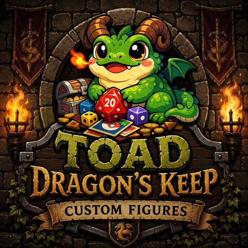May include: A graphic illustration featuring a green dragon with horns breathing fire, holding a red twenty-sided die. Below the dragon, the text reads TOAD DRAGON'S KEEP CUSTOM FIGURES. The scene includes a treasure chest, dice, and cards.