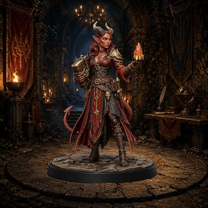 May include: A detailed miniature figurine of a horned tiefling character wearing red and black leather armor, holding a large ornate book in one hand and a glowing orange crystal in the other, standing on a circular stone base with a tail.