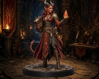 May include: A fantasy figurine of a horned tiefling character with red skin and long hair, wearing dark red and black leather armor with metallic accents. The figure holds a glowing orange crystal in one hand and a large, ornate book in the other.