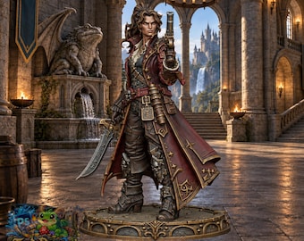 Female Swashbuckler Miniature – 36mm Human Rogue with Cutlass and Pistol | Unpainted Resin DND Mini | Tabletop RPG Figure
