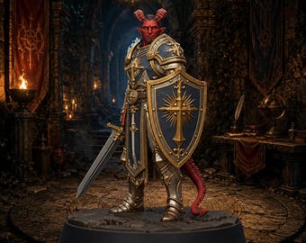 May include: A red-skinned horned humanoid figurine standing on a circular base, wearing ornate dark blue and gold plate armor. The figure holds a long sword in one hand and a large shield featuring a gold cross emblem in the other, with a red tail.