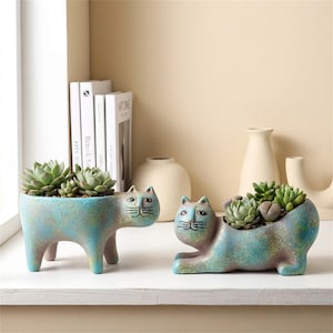 Ceramic Cat Planter Pot, Cute Animal Flower Pot, Unique Cat Shaped Succulent Planter, Handmade Style Home Decor, Indoor Plant Pot Gift