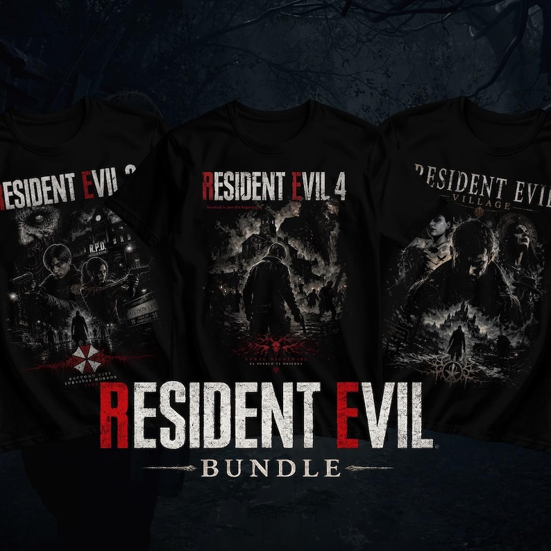 Resident Evil T-Shirt Bundle (3 Pack) – Resident Evil 4, Resident Evil 2, Resident Evil Village Inspired Horror Graphic Tees image 1