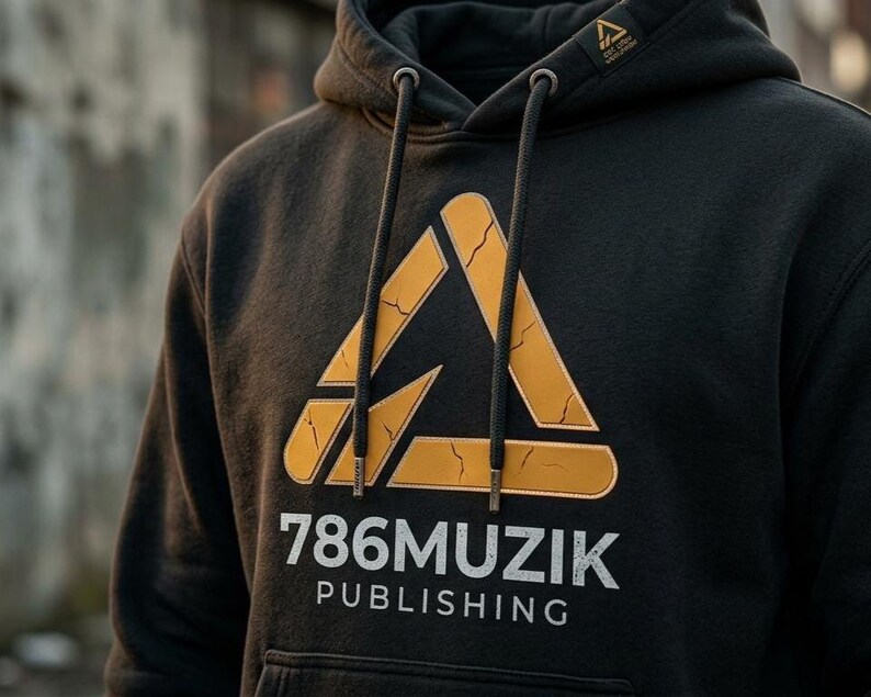 May include: A black hooded sweatshirt featuring a large yellow triangular graphic with a cracked texture. Below the triangle, the text 786MUZIK PUBLISHING is printed in white. The hoodie includes a drawstring hood with metal aglets and a small logo tag.