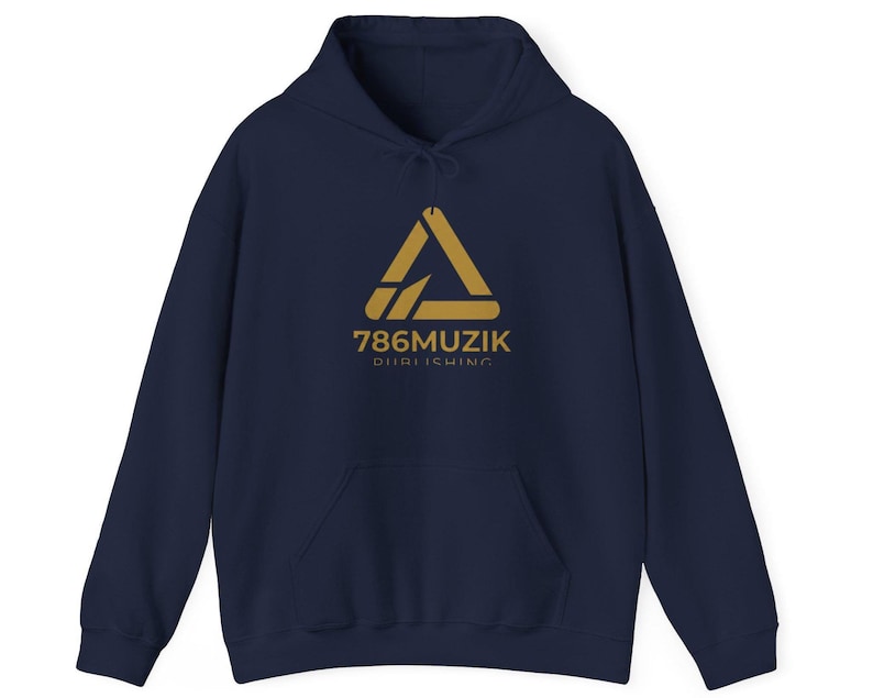 May include: A navy blue hooded sweatshirt featuring a gold-colored triangular logo and the text 786MUZIK PUBLISHING printed on the chest. The garment includes a front kangaroo pocket, long sleeves with ribbed cuffs, and a matching drawstring hood.