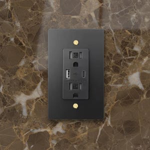 May include: A matte black rectangular electrical wall outlet with a tamper-resistant receptacle, one USB-A port, and one USB-C port. The outlet is secured with two gold-toned screws and features the text TR, USB icons, and Class 2 5VDC 4.8A.