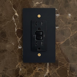 May include: A matte black GFCI electrical outlet with a rectangular faceplate, featuring two vertical slots and a central reset button, secured by two brass-coloured screws. The outlet is mounted on a brown marble surface with white veining.
