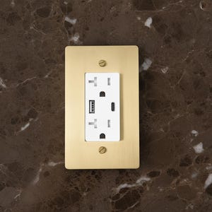 May include: A rectangular electrical wall outlet with a brushed gold metal cover plate secured by two flat-head screws. The central white component features two standard three-prong power sockets, one USB-A port, and one USB-C charging port.