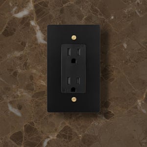 May include: A matte black rectangular electrical wall socket with a matching faceplate. The socket features two vertical slots and a grounding hole, secured by two visible brass-coloured screws at the top and bottom of the central plate.