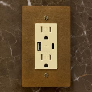 May include: A rectangular electrical wall outlet with a cream-colored faceplate featuring two standard power sockets, one USB-A port, and one USB-C port. The outlet is surrounded by a tan leather-textured cover plate secured by two brass screws.