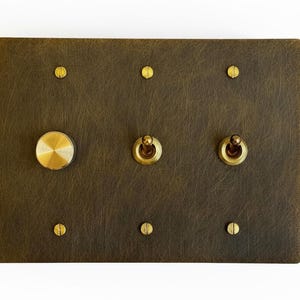May include: A rectangular wall plate with a dark, brushed bronze finish featuring one circular dimmer knob and two toggle switches. The plate is secured by six flat-head screws arranged in two rows of three, matching the bronze hardware finish.