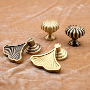 May include: A selection of brass cabinet hardware, featuring two ginkgo leaf-shaped pulls and two round knobs. One knob is solid brass, the other has black detailing. The hardware is presented on a brown surface.