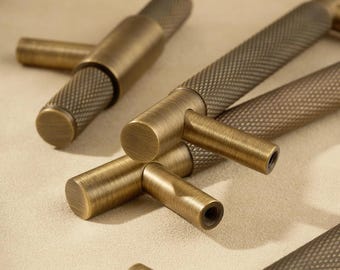 Solid Brass Knurled Cabinet Pull, Antique Industrial T Bar Knob