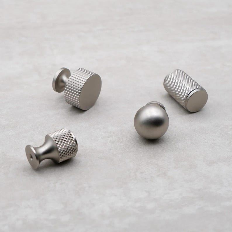 Brushed Nickel Cabinet Knobs, Solid Brass Knurled Drawer Knobs, Modern Silver Cabinet Hardware, Kitchen Dresser Pulls zdjęcie 2