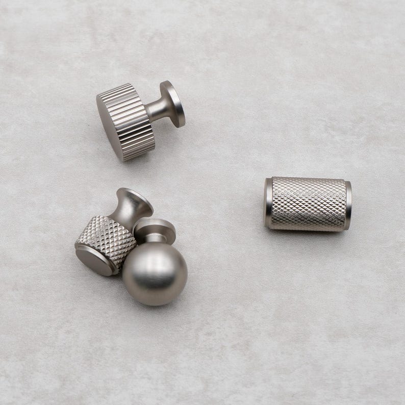 Brushed Nickel Cabinet Knobs, Solid Brass Knurled Drawer Knobs, Modern Silver Cabinet Hardware, Kitchen Dresser Pulls zdjęcie 4