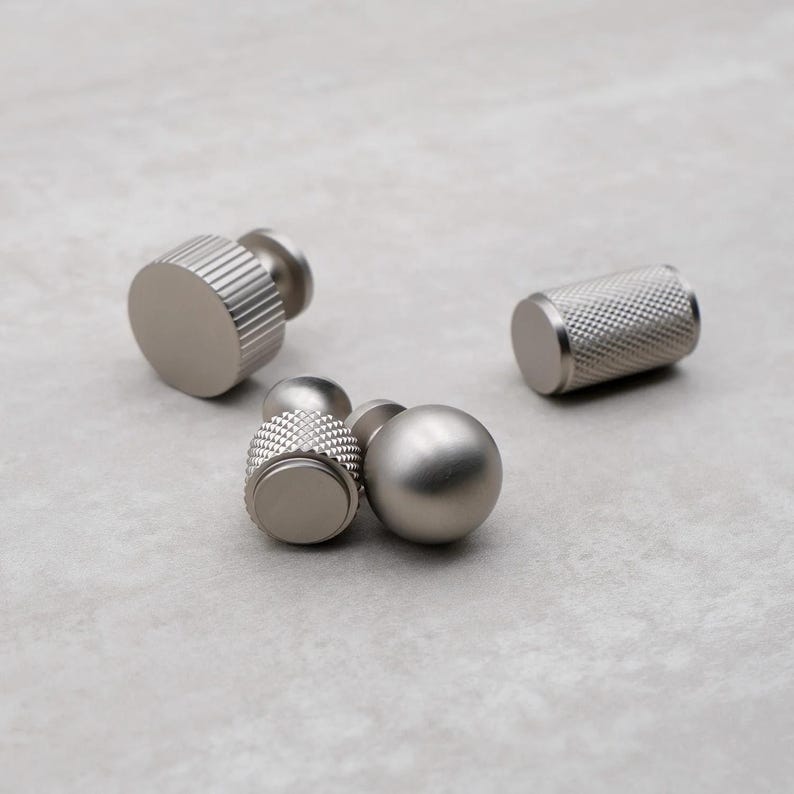 Brushed Nickel Cabinet Knobs, Solid Brass Knurled Drawer Knobs, Modern Silver Cabinet Hardware, Kitchen Dresser Pulls zdjęcie 5
