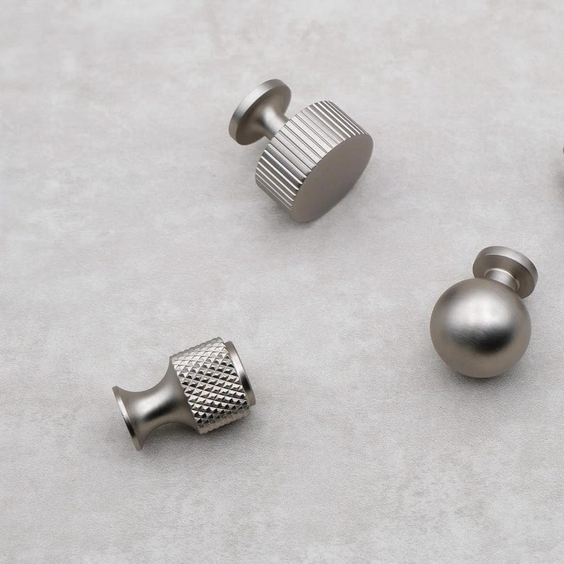 Brushed Nickel Cabinet Knobs, Solid Brass Knurled Drawer Knobs, Modern Silver Cabinet Hardware, Kitchen Dresser Pulls zdjęcie 3