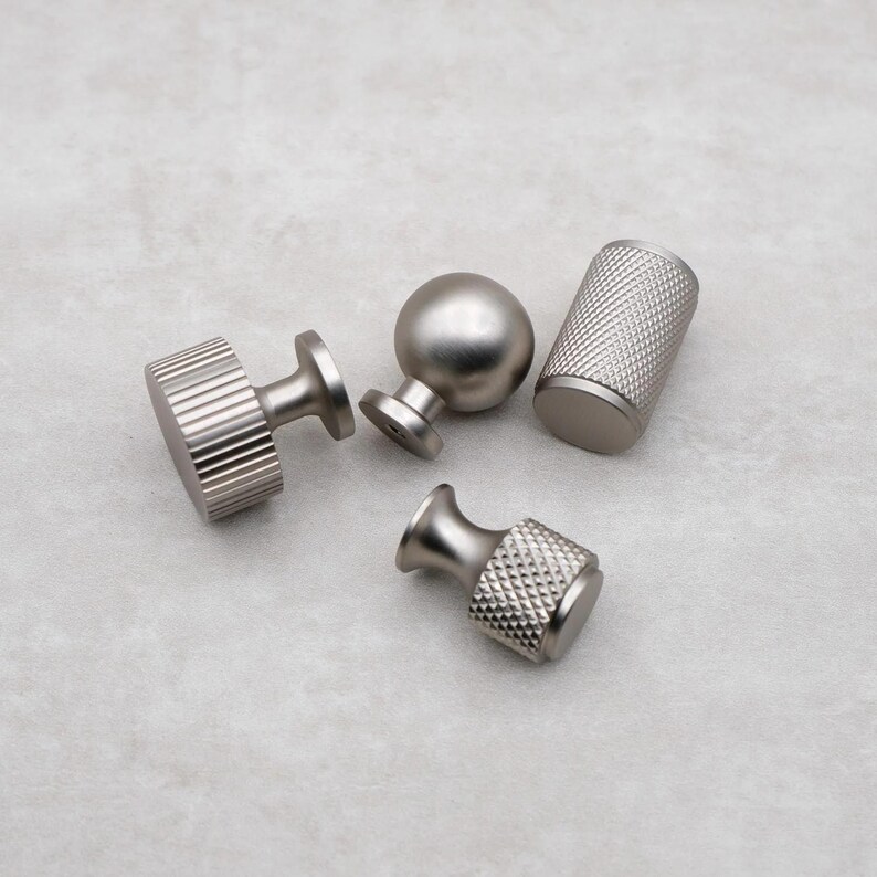 Brushed Nickel Cabinet Knobs, Solid Brass Knurled Drawer Knobs, Modern Silver Cabinet Hardware, Kitchen Dresser Pulls zdjęcie 6