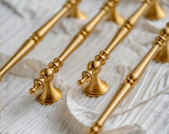 Ornate Brushed Brass Cabinet Pulls | Solid Brass Kitchen Cabinet Hardware | Vintage Luxury Drawer Handles | Elegant Brass Furniture Pulls
