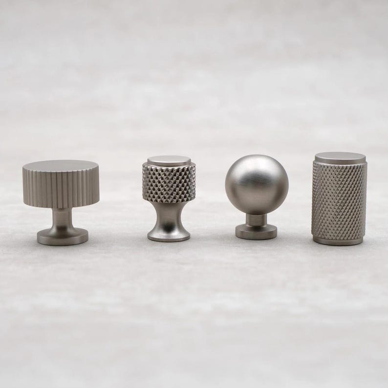Brushed Nickel Cabinet Knobs, Solid Brass Knurled Drawer Knobs, Modern Silver Cabinet Hardware, Kitchen Dresser Pulls zdjęcie 1