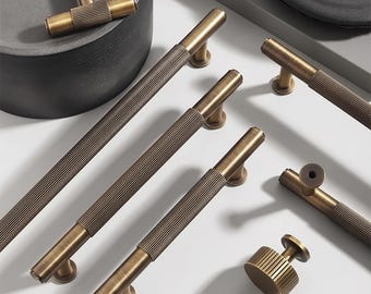 Solid Brass Knurled Cabinet Hardware Antique Brass T-Bar Pull Knob | Reeded Kitchen Drawer Handle | Dresser Knob | Bathroom Vanity Pull