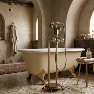 May include: A luxurious bathroom with a cream-colored clawfoot bathtub and gold fixtures. The room features arched doorways, patterned tile flooring, and a small side table with a towel and toiletries. A robe hangs on the wall, and a decorative rug is on the floor.
