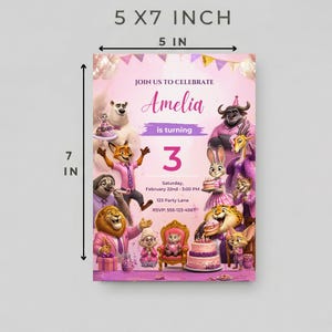 May include: A 5 x 7 inch invitation card with a purple and pink theme. The card features cartoon animal characters and the text "Amelia is turning 3". The invitation includes the date, time, and RSVP information.