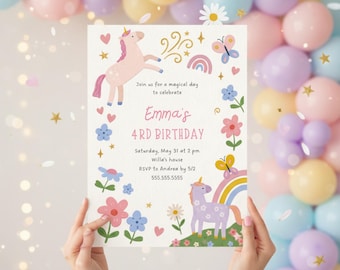 Unicorn Birthday Invitation Girl, Editable Canva Template, Printable Pink Party Invite, Instant Download