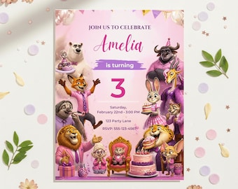Zootopia Birthday Invitation Template Girl | Editable Canva Invite | Pink Animal Party | Instant Download