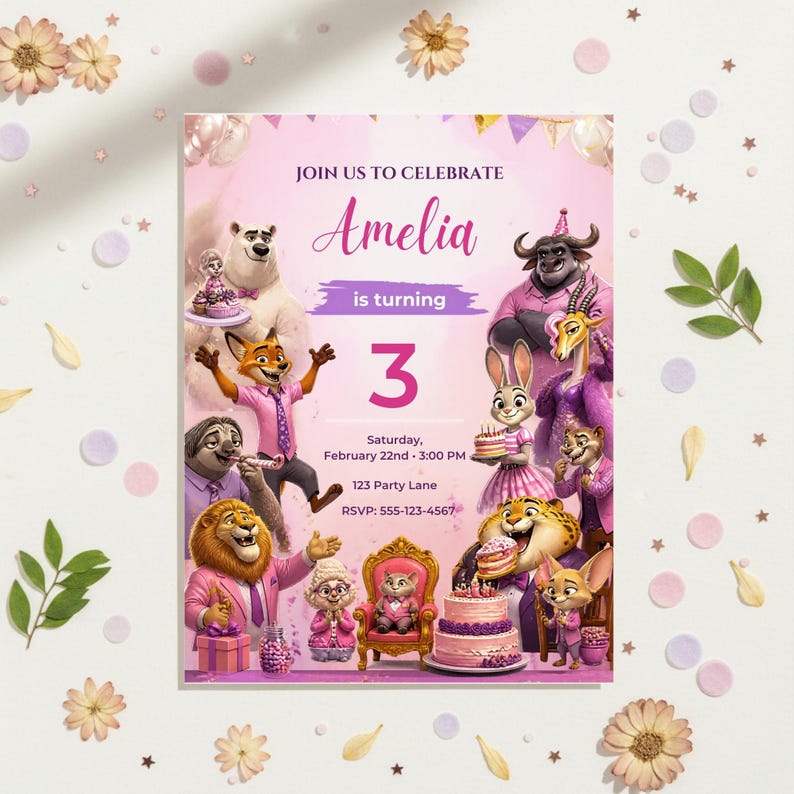 May include: A pink birthday party invitation featuring cartoon characters. The invitation reads "Join us to celebrate Amelia is turning 3." The date is Saturday, February 22nd, 3:00 PM, at 123 Party Lane. RSVP: 555-123-4567.