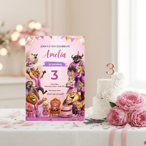 May include: A birthday party invitation featuring characters from a popular animated movie. The invitation is pink and purple, with the name "Amelia" and the number "3" prominently displayed. A white cake with a "3" candle and pink flowers are also in the image.