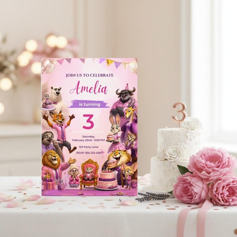 May include: A birthday party invitation featuring characters from a popular animated movie. The invitation is pink and purple, with the name "Amelia" and the number "3" prominently displayed. A white cake with a "3" candle and pink flowers are also in the image.