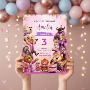 May include: A birthday party invitation featuring cartoon animal characters. The invitation reads "Join us to celebrate Amelia is turning 3." The date and time are listed, along with an RSVP phone number.