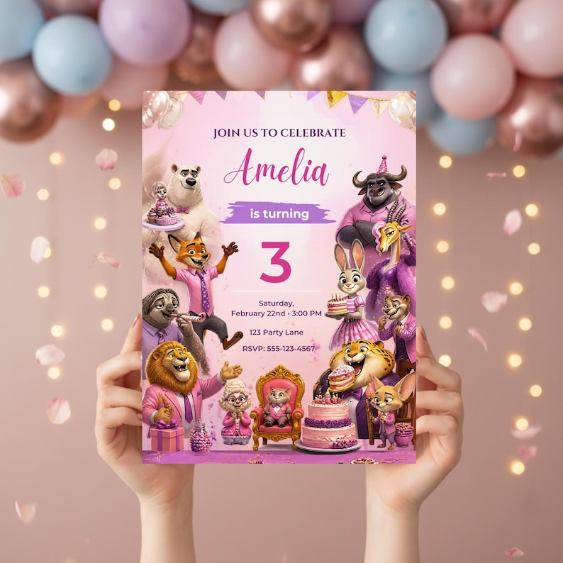 May include: A birthday party invitation featuring cartoon animal characters. The invitation reads "Join us to celebrate Amelia is turning 3." The date and time are listed, along with an RSVP phone number.