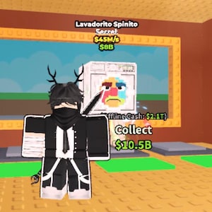 May include: A Roblox game screenshot featuring a character in a black and white outfit with antlers. The game interface includes text that reads "Lavadorito Spinito", "Secret", and "Collect". A pixelated face is on a washing machine.