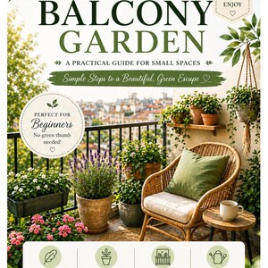 以下が含まれることがあります： 「Dream Balcony Garden」というタイトルのガイド。植物、椅子、テーブルのあるバルコニーの写真が掲載されています。このガイドでは、初心者向けのヒント、植物の選び方、デザインのアイデア、ケアガイドを提供しています。画像には「今すぐダウンロード！今日から始めましょう！」というテキストが含まれています。