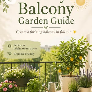 Może przedstawiać: Przewodnik zatytułowany "Sunny Balcony Garden Guide" ze słoneczną sceną na balkonie. Obraz przedstawia drzewko cytrynowe, różne rośliny doniczkowe i tekst "Create a thriving balcony in full sun". Przewodnik jest idealny dla słonecznych przestrzeni i początkujących.