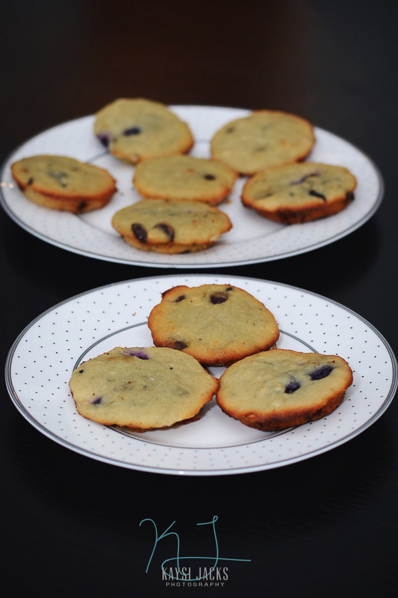 May include: Two white plates with a variety of light brown muffins with blueberries. The muffins are arranged in a circular pattern on the plates.