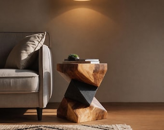 Moderner skulpturaler hölzerner Beistelltisch handgemachter geometrischer Akzent-Tisch für Wohnzimmer, minimalistisches Foyer-Dekor, organischer zeitgenössischer Beistelltisch