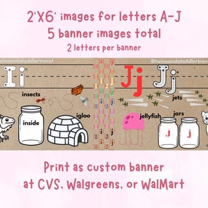 May include: Educational banner featuring letters I and J with corresponding illustrations. Includes an iguana, insects, igloo, jellyfish, jars, and a jaguar. The banner is designed for learning and visual appeal.