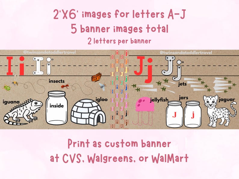 May include: Educational banner featuring letters I and J with corresponding illustrations. Includes an iguana, insects, igloo, jellyfish, jars, and a jaguar. The banner is designed for learning and visual appeal.