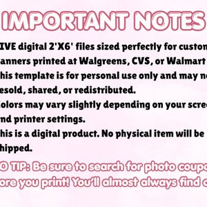 May include: A pink background with the text "IMPORTANT NOTES" in a bubble font. Bullet points detail digital files for custom banners, personal use terms, color variations, and digital product status. A tip encourages searching for photo coupons.